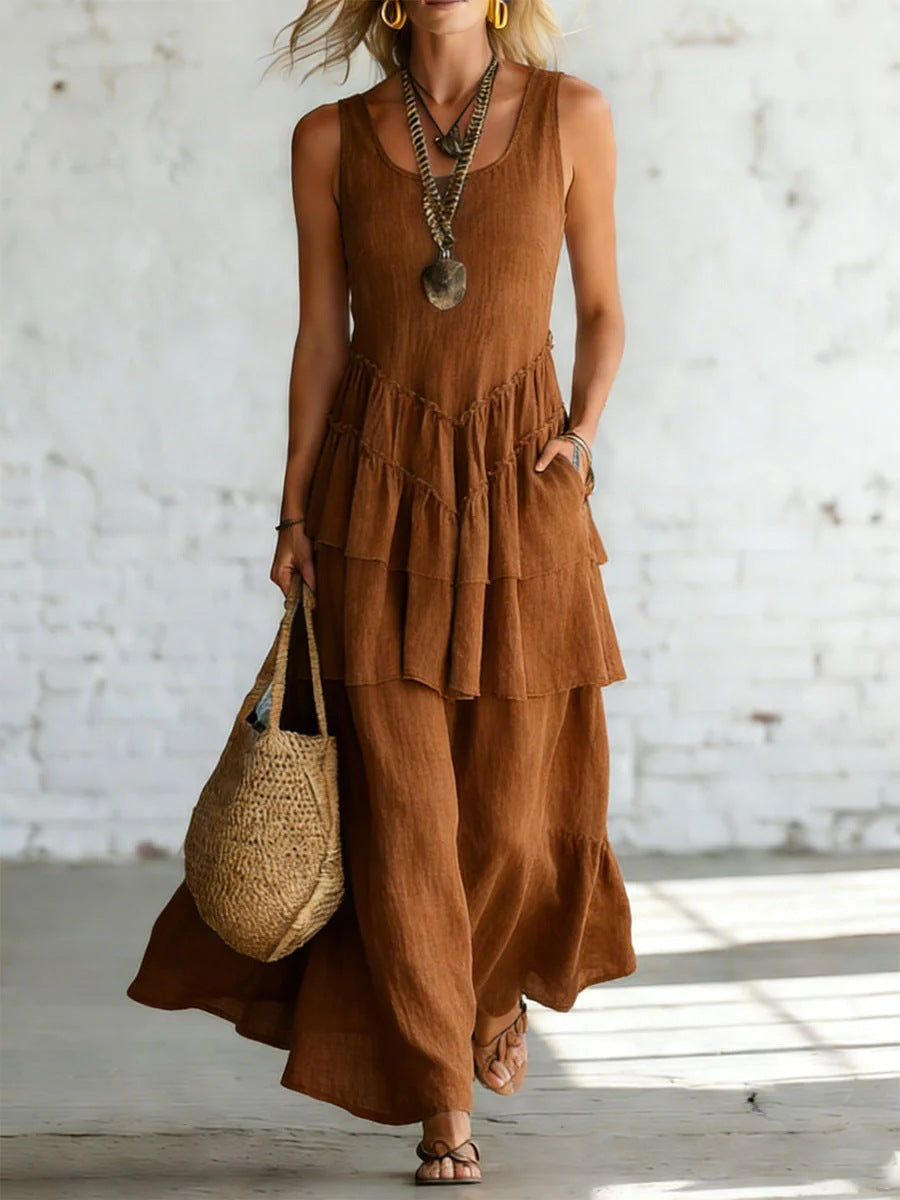Women's cotton linen sleeveless maxi dress by Plush Fashion Hub, casualwear with a loose fit and relaxed style.
