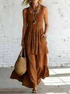 Women's cotton linen sleeveless maxi dress by Plush Fashion Hub, casualwear with a loose fit and relaxed style.