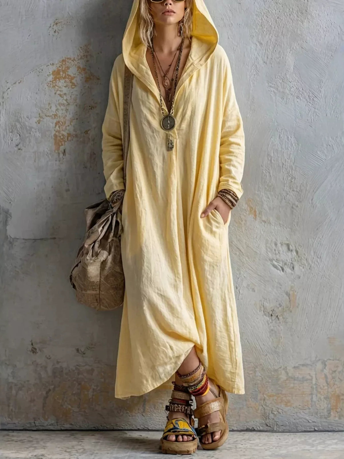 Women's long sleeve hooded midi dress with pockets, stylish and comfortable, featuring a relaxed fit and casual design.