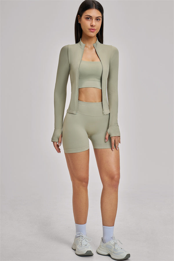 Fitglutes Activewear sports bra, shorts, and jacket 3-piece set designed for gym and workout activities.