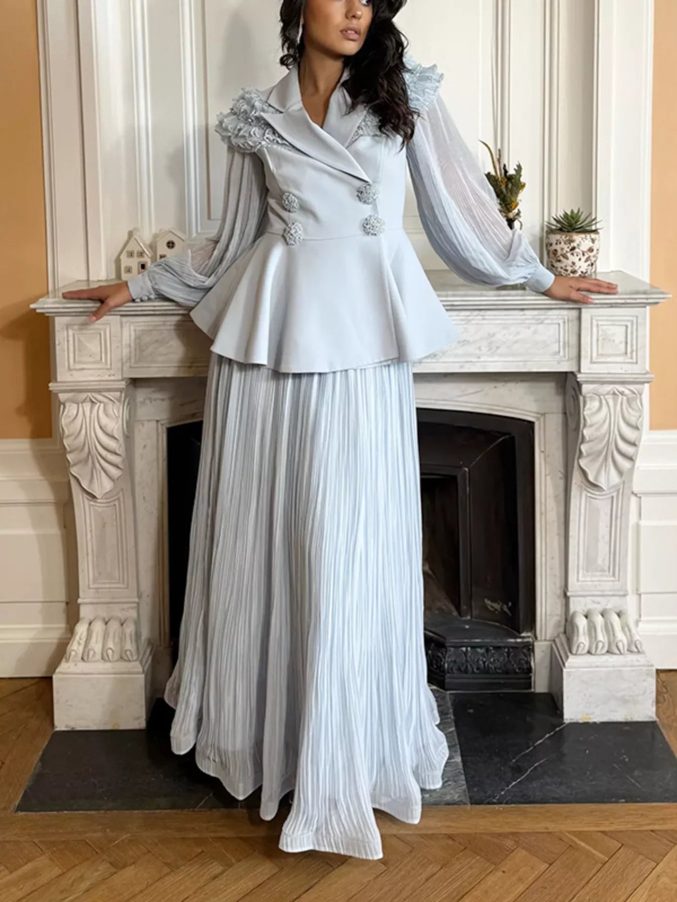 Plush Fashion Hub two-piece set with a frill lapel collar top and matching pleated skirt, stylish and elegant for any occasion.
