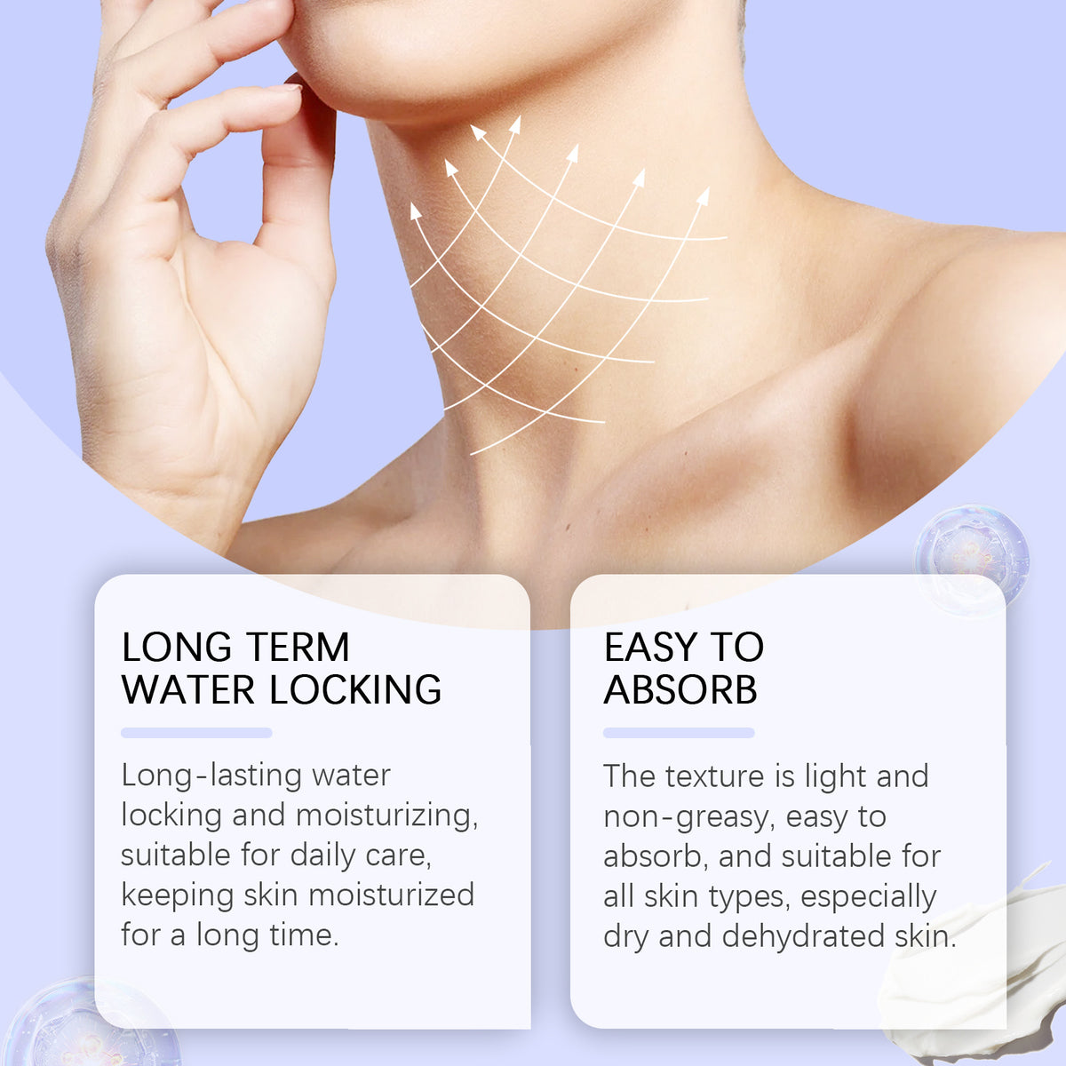Close-up of a person's neck with upward-pointing white arrows in a grid, and two text boxes promoting skincare.