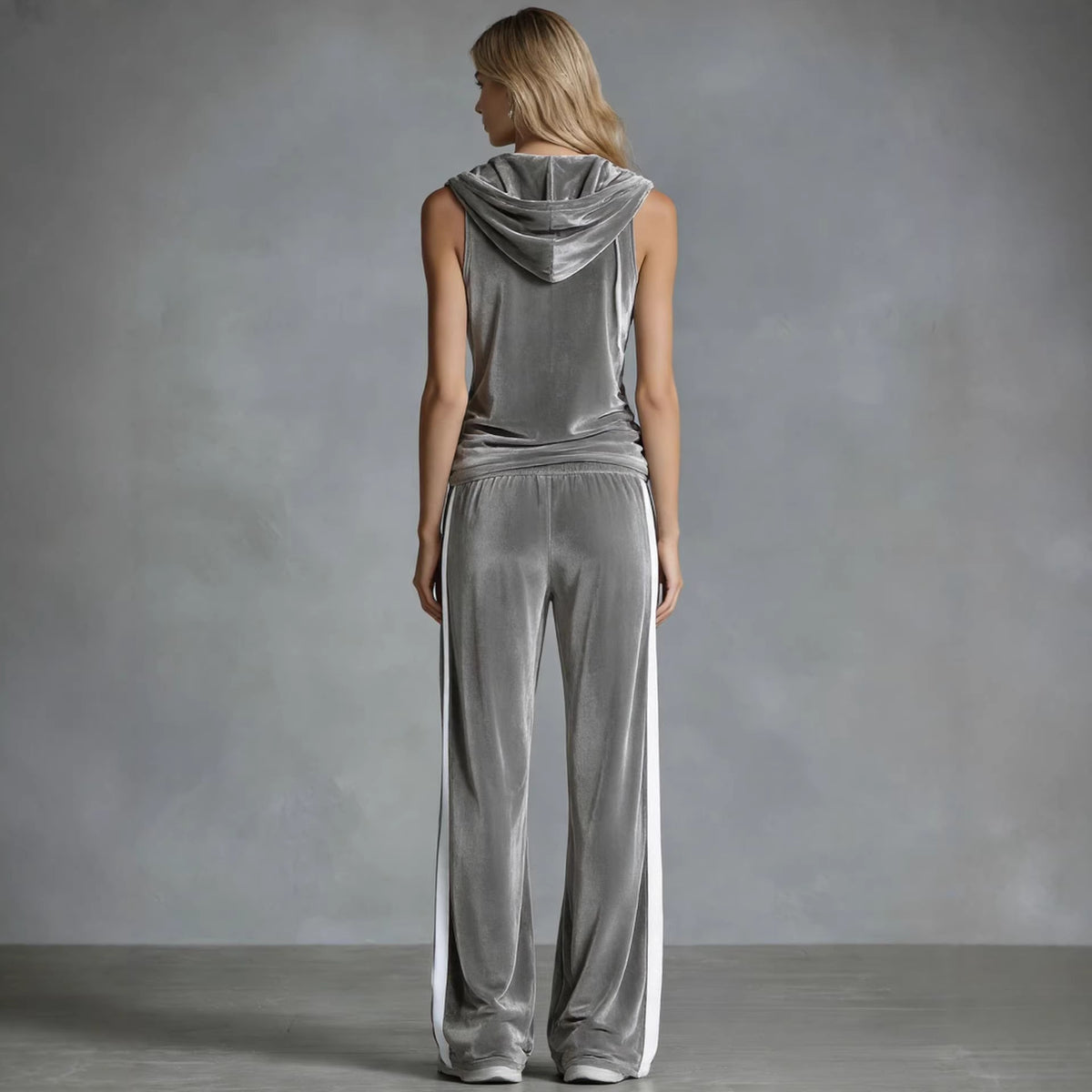 Velvet hooded lounge top from Plush Fashion Hub, soft two-piece set with cozy hood and long sleeves, perfect for relaxing.
