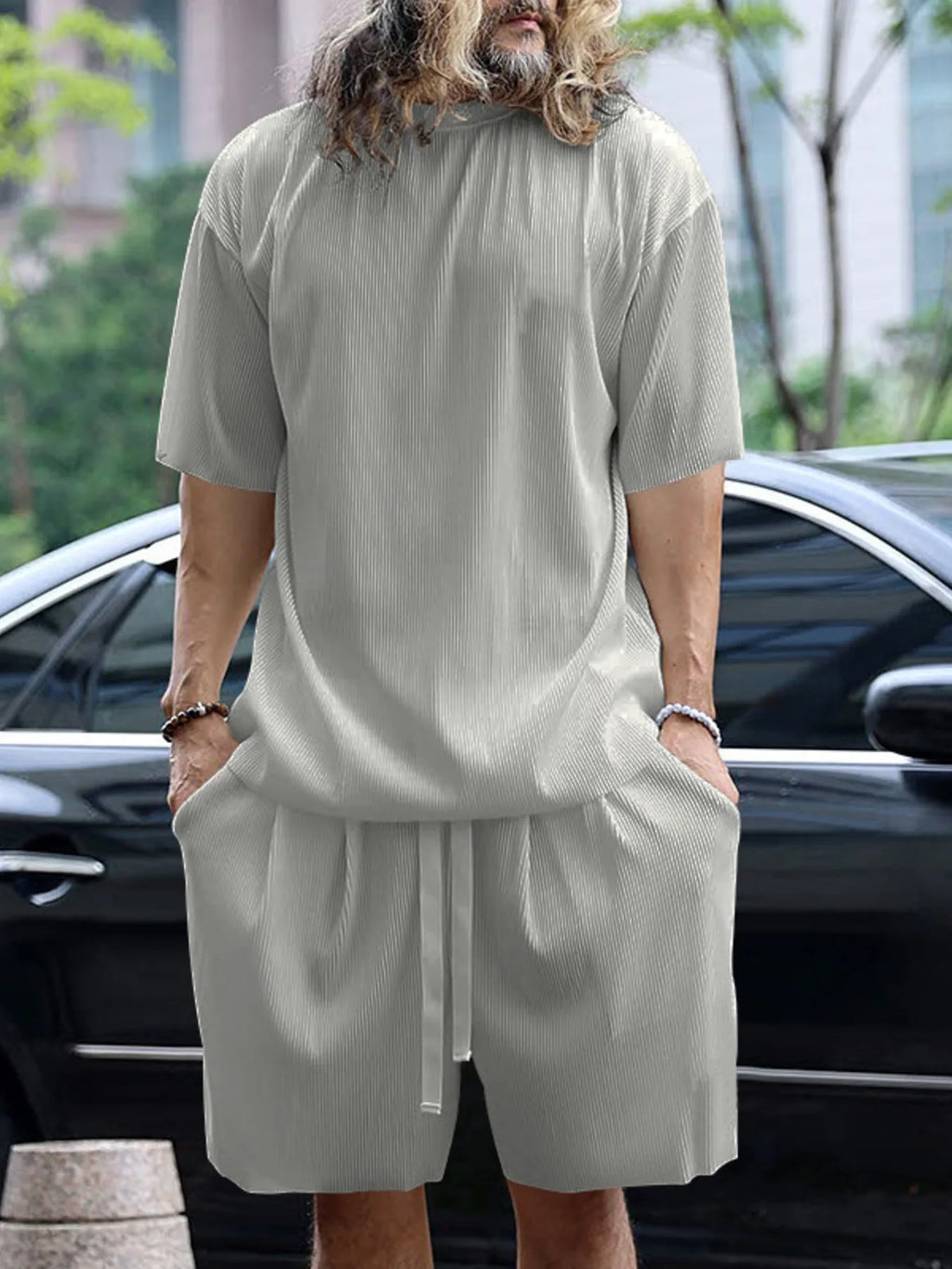 Men's plus size round neck short sleeve top and shorts set by Shopimist, featuring a comfortable casual summer outfit.