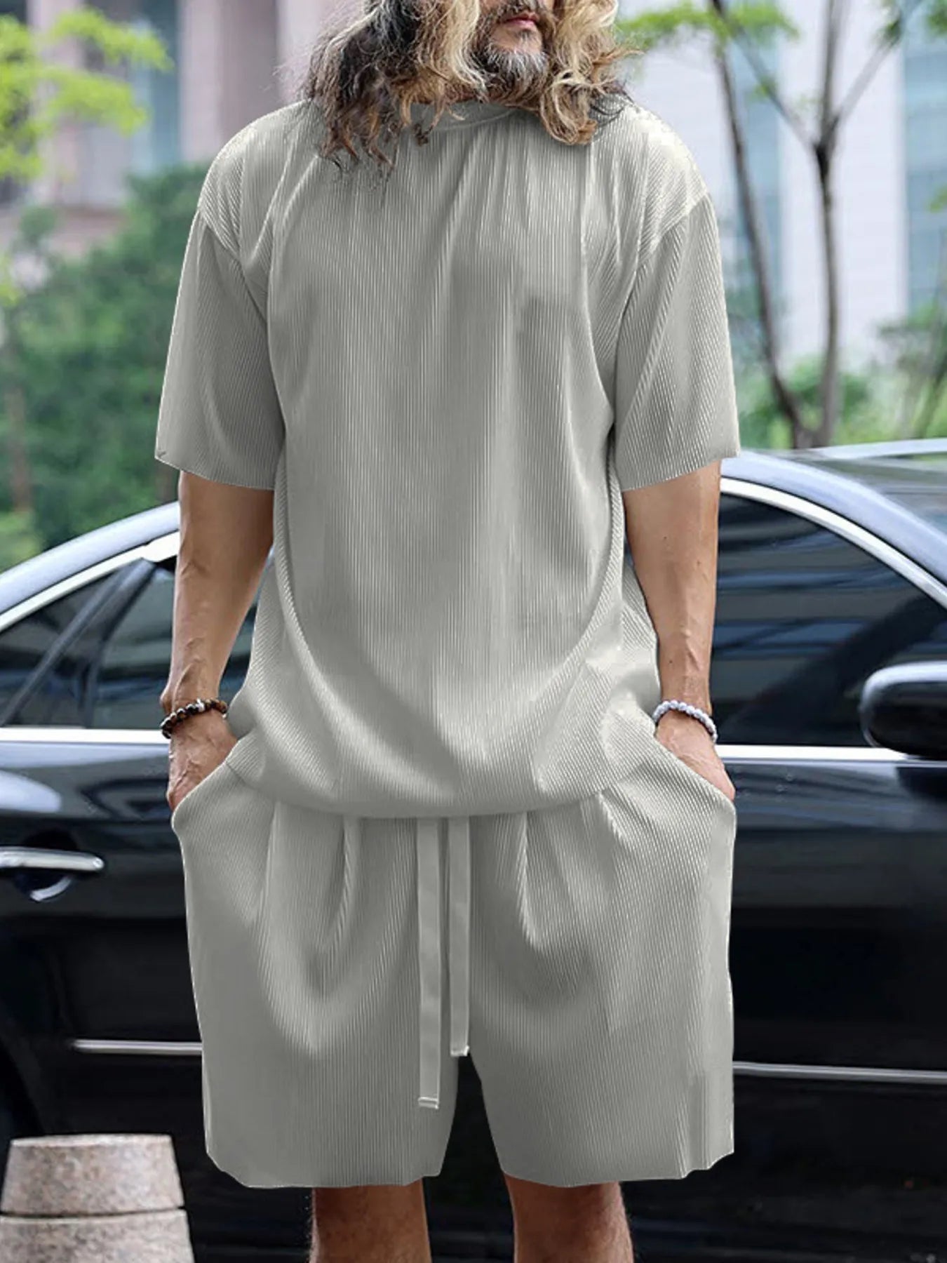Men's plus size round neck short sleeve top and shorts set by Shopimist, featuring a comfortable casual summer outfit.