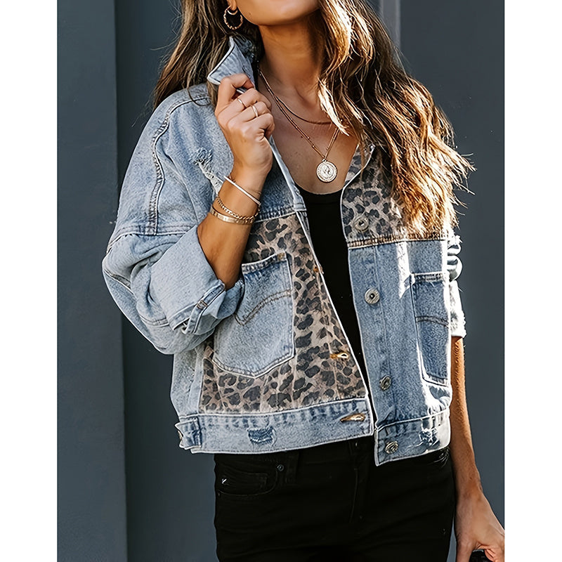 Women's distressed cropped denim jacket by FitiqueFit, casualwear style, featuring frayed edges and a relaxed fit.
