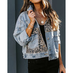 Women's distressed cropped denim jacket by FitiqueFit, casualwear style, featuring frayed edges and a relaxed fit.