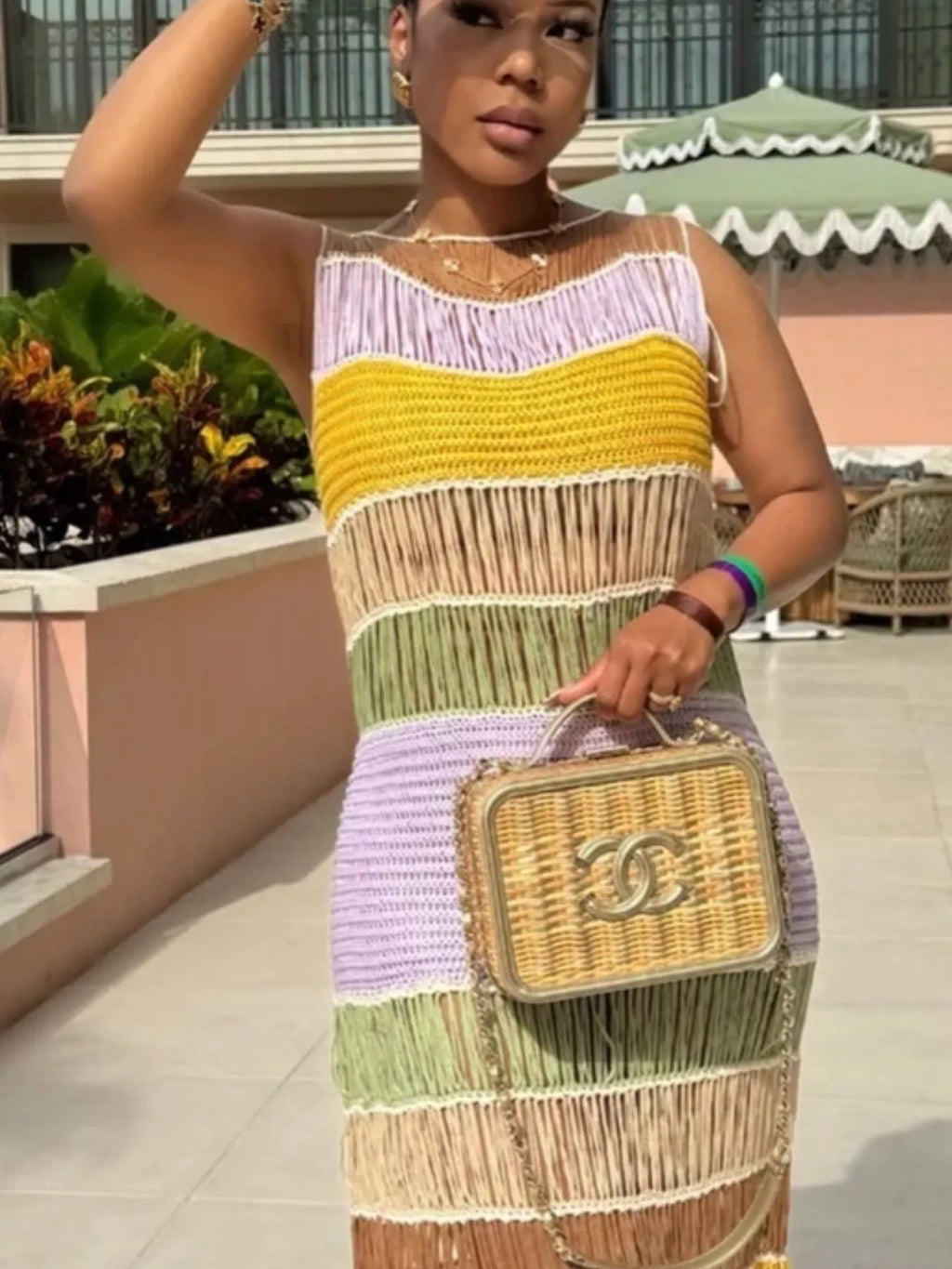 Color block maxi dress by Shopimist featuring fringe crochet knit detail and vibrant multicolor design.