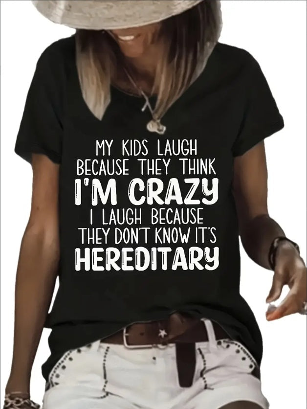 Women’s vibrant letter-print crew-neck tee by FitiqueFit, streetwear style with colorful printed design on soft fabric.