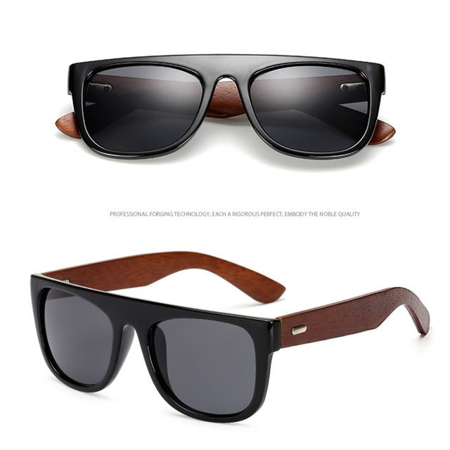 Black bamboo wooden arm sunglasses for men and women by FitiqueFit, stylish eco-friendly eyewear with natural wood accents.