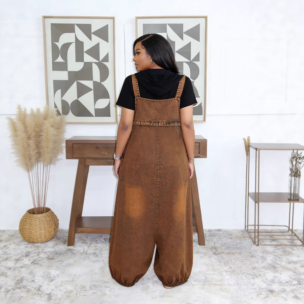Spring Summer Casual Loose Slant Pocket Lantern Denim Overalls