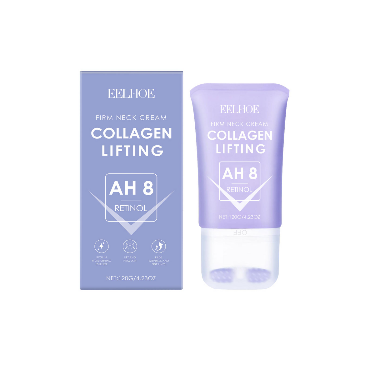 Eelhoe firm neck cream tube and box in light purple, labeled AH8 Retinol and Collagen Lifting, with rollerball applicator.