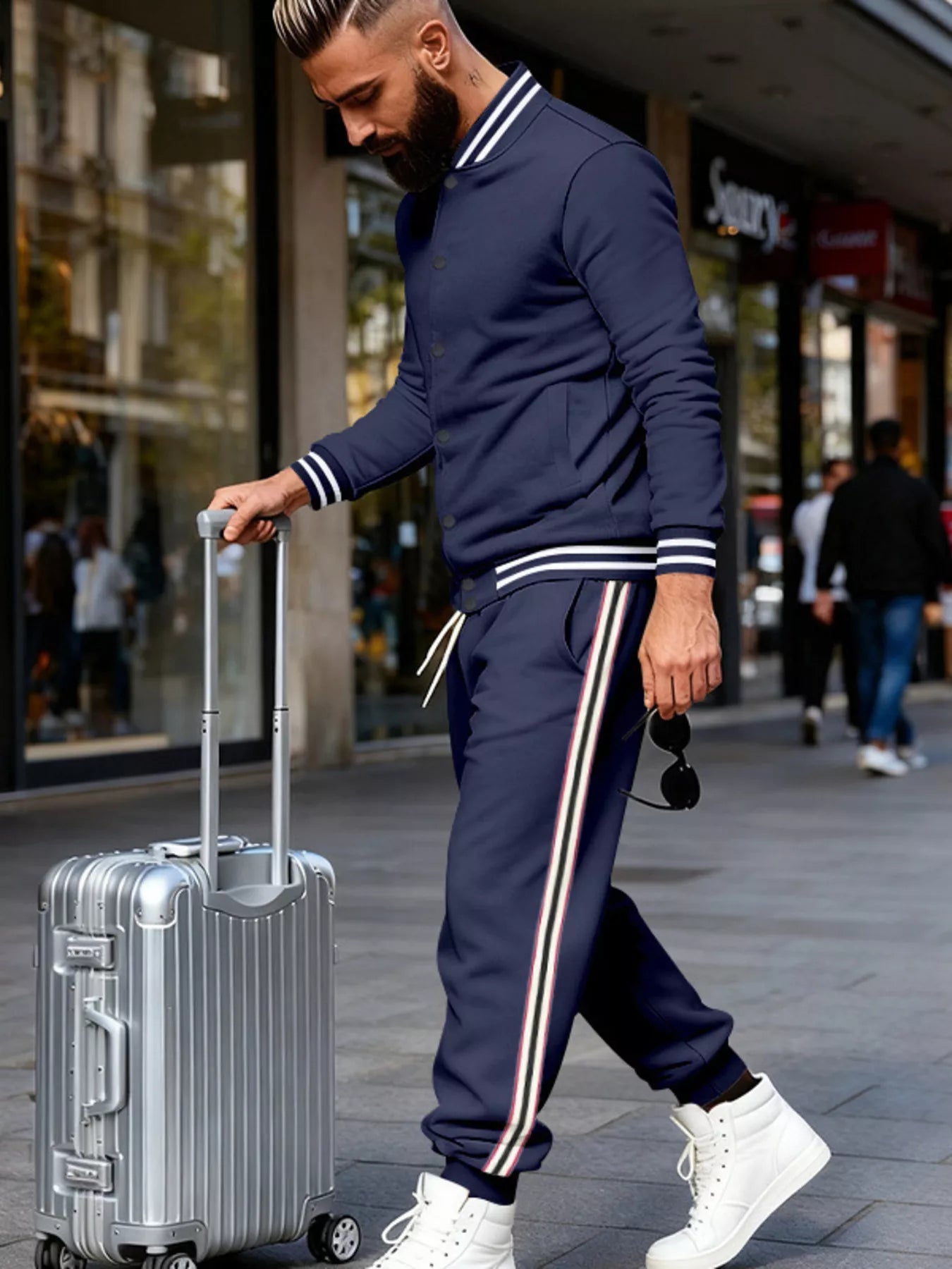 Men's plus size striped snap-down top and pants set by Trendsi, featuring a stylish full-size tops and pants ensemble.