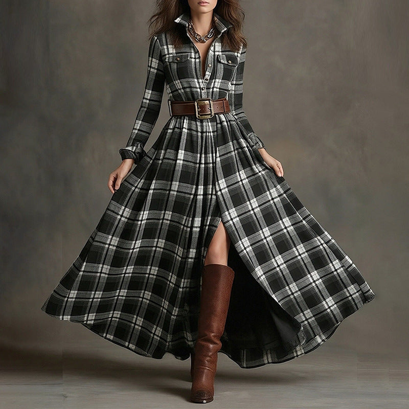 Women's printed lapel slim-fit dress by Plush Fashion Hub, featuring a casual, elegant commuter style with a stylish pattern.