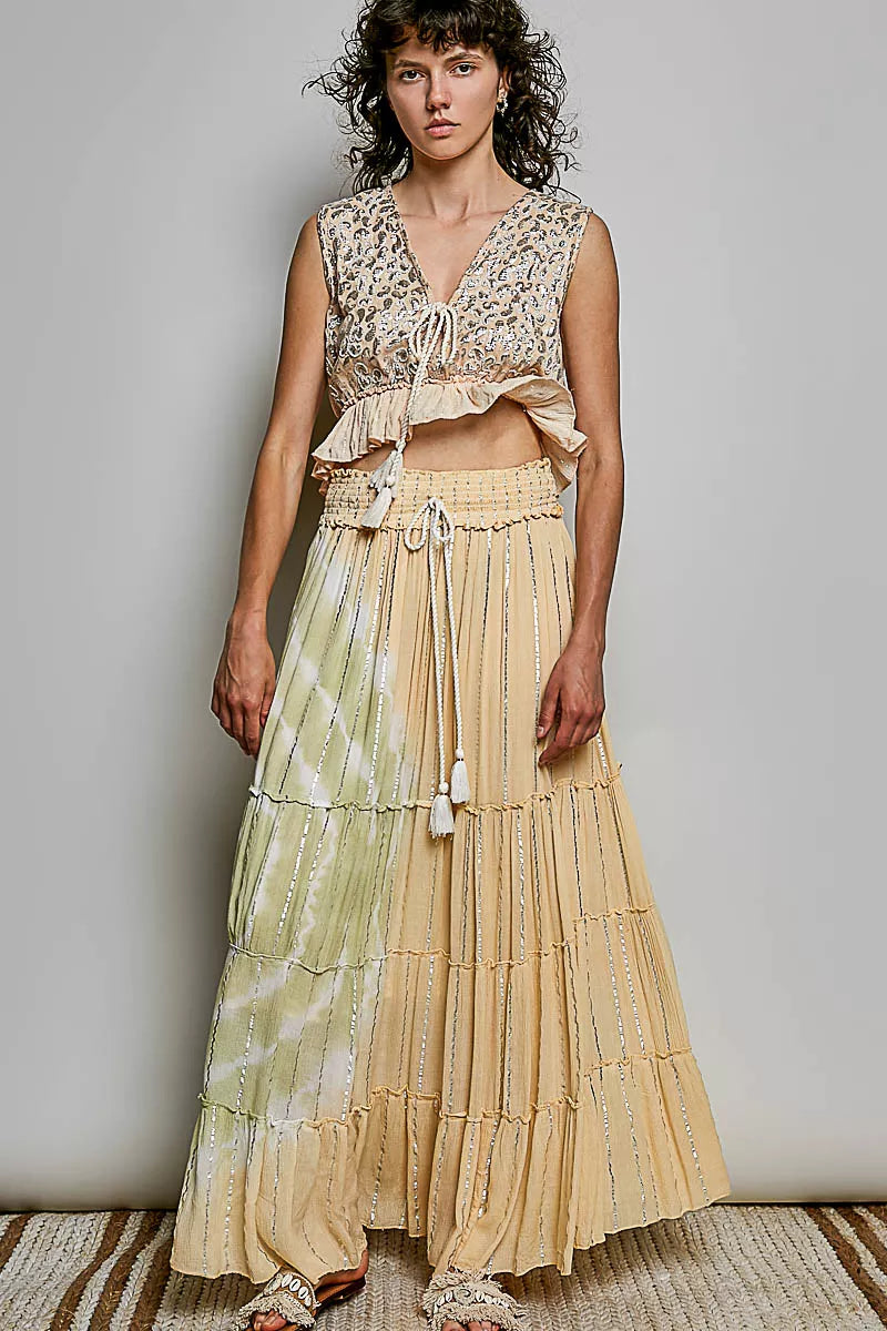 Shopimist POL shimmer tiered reverse ruffle maxi skirt with smocked waist, flowing fabric, and layered design in a shimmering finish.