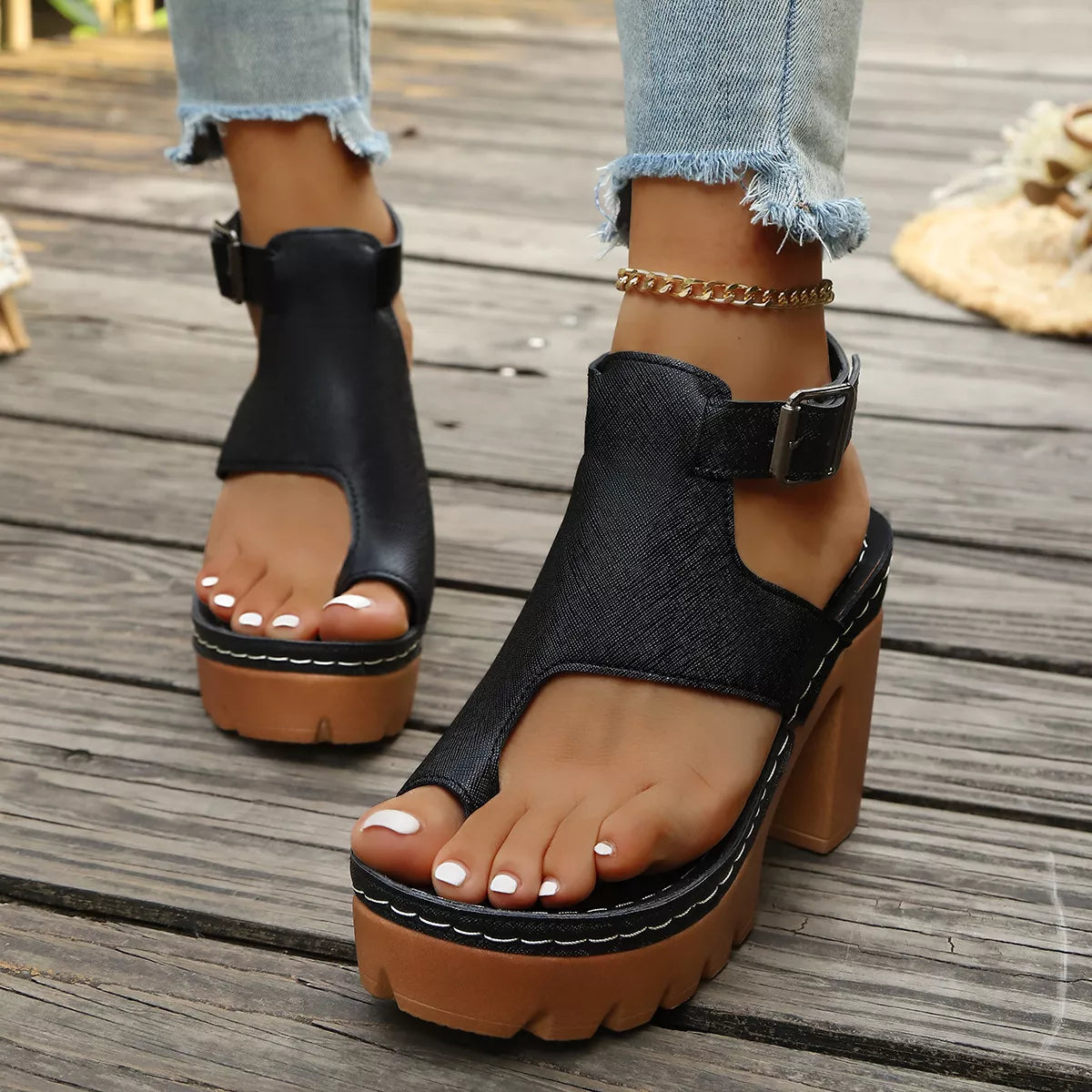 Plush Fashion Hub toe loop block heel sandals with open toe design and sturdy block heel on sleek footwear.