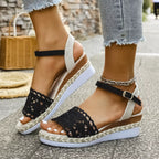 Women's crochet espadrille platform sandals with mid-heel, stylish summer shoes featuring woven crochet straps and a jute sole.