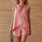 Women's casual cotton-linen V-neck sleeveless top and shorts set by FitiqueFit, featuring button details and a relaxed fit.