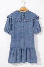 VYSN ruffled side pockets puff sleeve denim mini dress with stylish design, perfect for casual and trendy fashion looks.