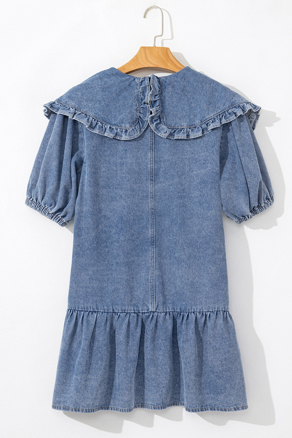 VYSN ruffled side pockets puff sleeve denim mini dress with stylish design, perfect for casual and trendy fashion looks.