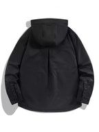 Men's plus size snap-down long sleeve hooded jacket from Shopimist, featuring a front zipper and adjustable hood.