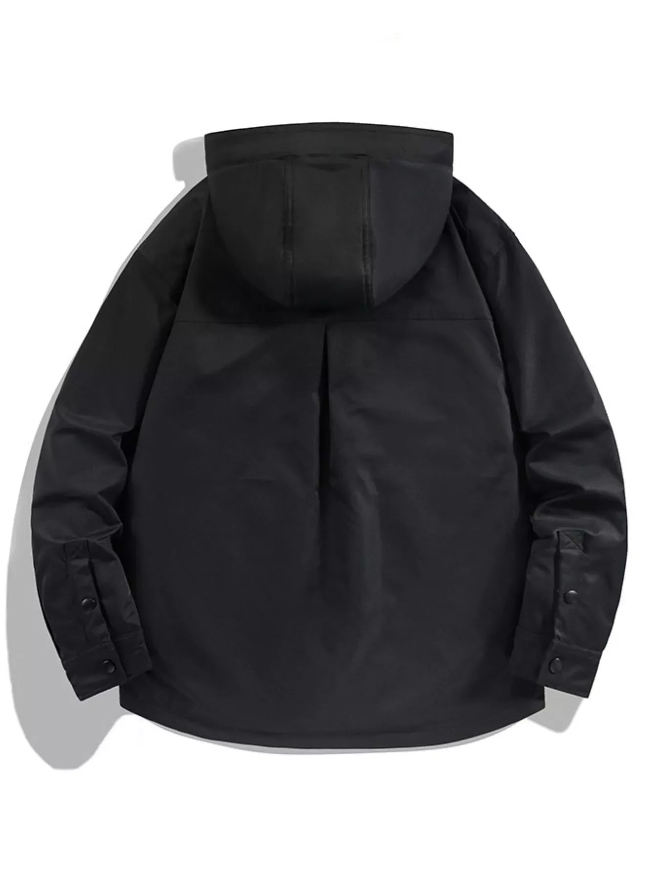 Men's plus size snap-down long sleeve hooded jacket from Shopimist, featuring a front zipper and adjustable hood.