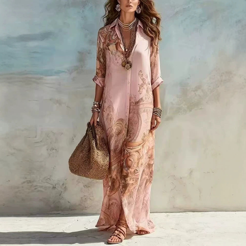 Flowy women's chiffon dress with digital print in a vintage style, featuring a fresh, elegant design by eprolo.