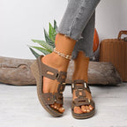Open toe wedge sandals by Shopimist with tan leather straps and cork platform. Perfect for summer and casual wear.