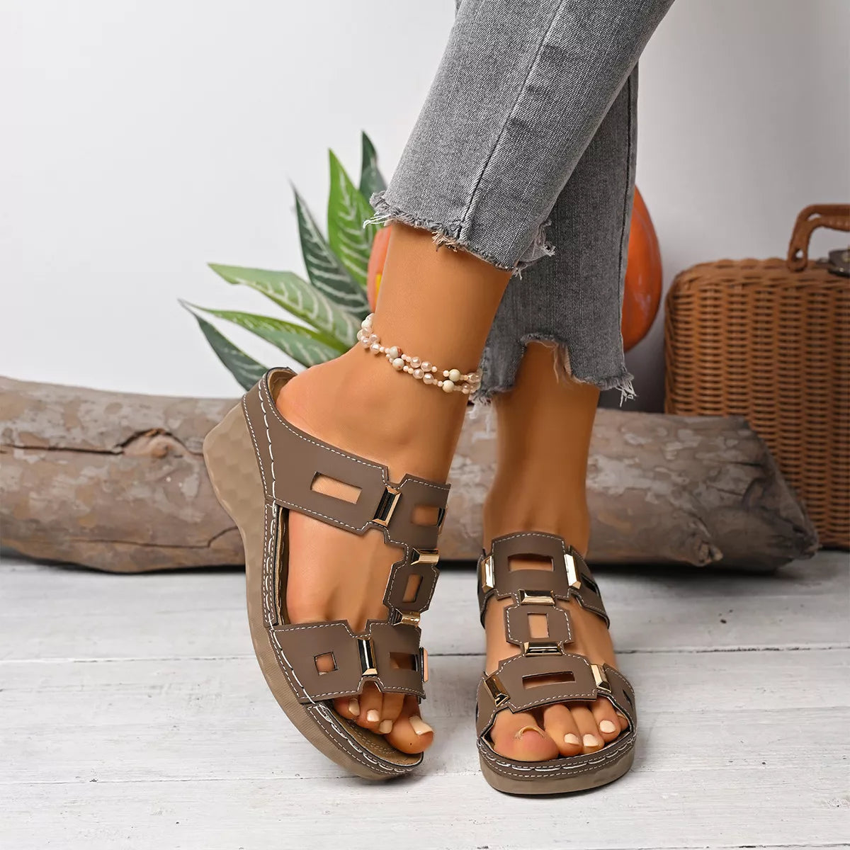 Open toe wedge sandals by Shopimist with tan leather straps and cork platform. Perfect for summer and casual wear.
