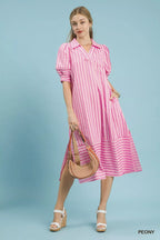 Umgee striped puff sleeve midi dress featuring a flattering fit and stylish design, perfect for casual or semi-formal occasions.