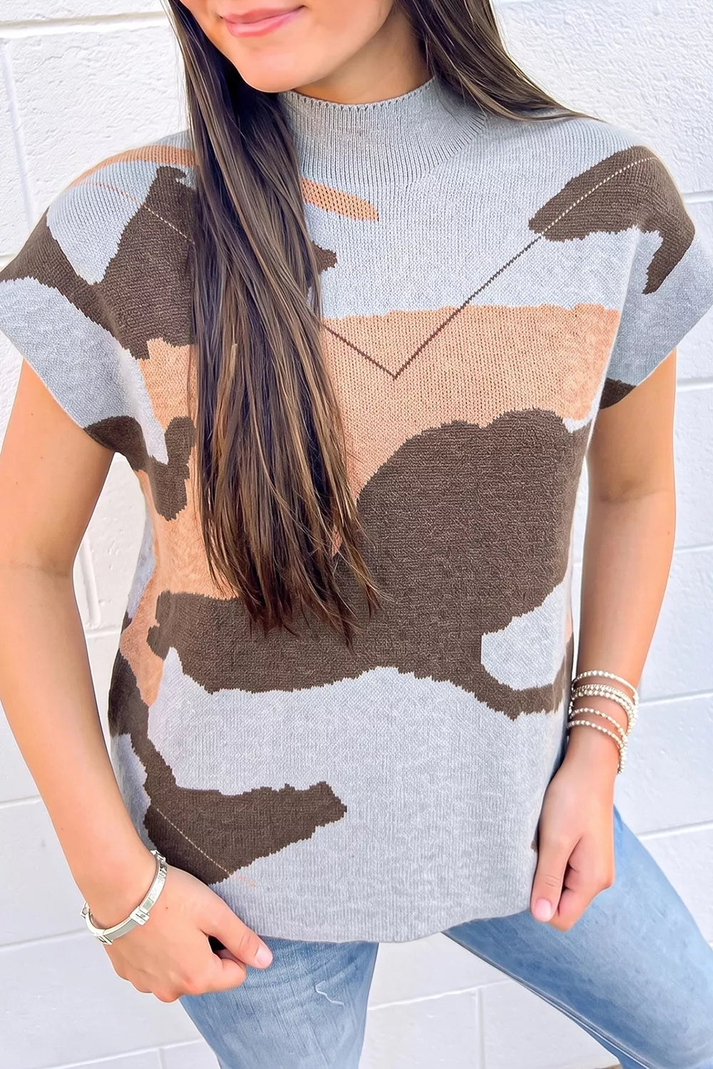 Camouflage drop shoulder high neck short sleeve shift sweater by Plush Fashion Hub, featuring a stylish camouflage pattern and relaxed fit.