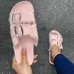 Shopimist frayed edge buckle sandals with ankle strap and open toe, featuring distressed leather details.