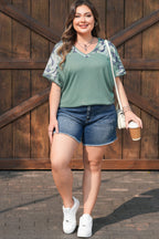 Plus size Mazie Mist Ribbed Patchwork Tee by Threaded Pear, featuring a ribbed fabric and colorful patchwork design.