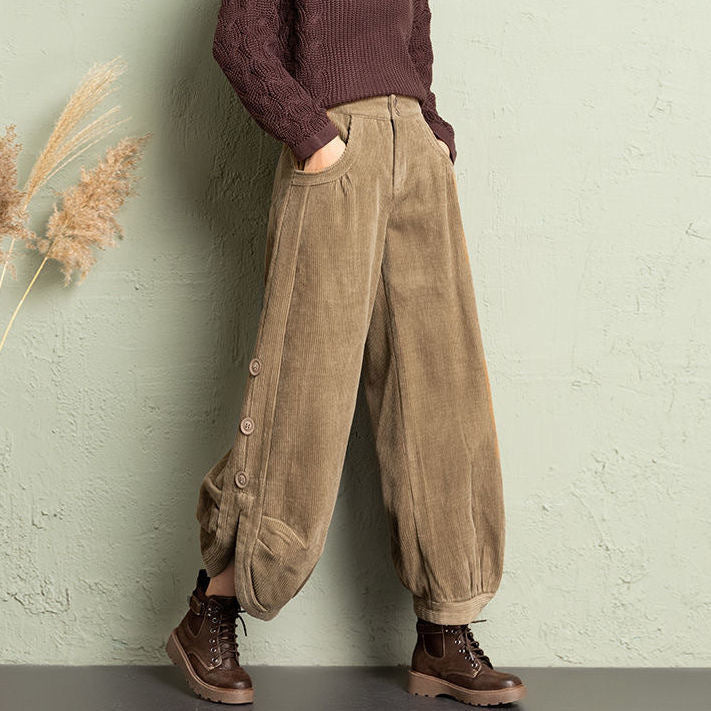 Plush Fashion Hub corduroy wide-leg pants with lace-up detail, showcasing a trendy street style look.