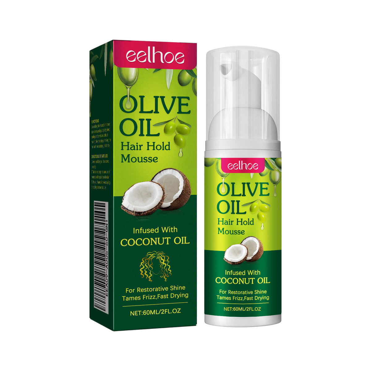 Eelhoe olive oil hair hold mousse pump bottle and green box featuring coconut and olive graphics.
