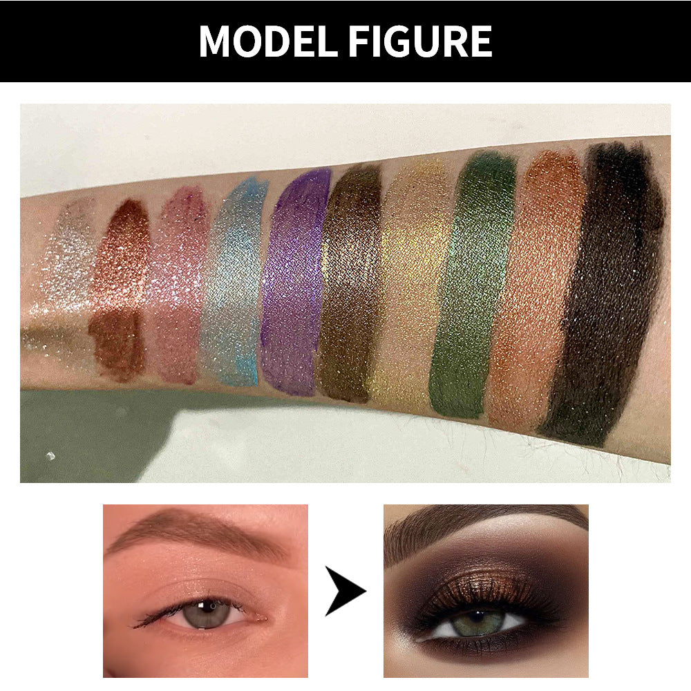 Ten shimmery metallic eyeshadow swatches on a forearm, ranging from silver to black, with before and after eye makeup looks.