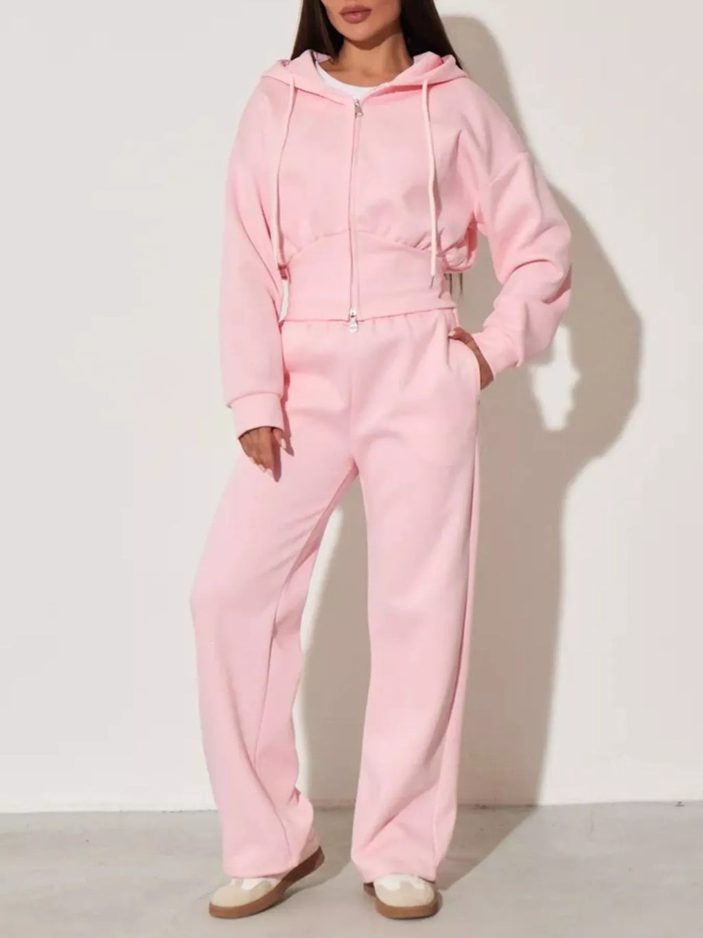 Plush Fashion Hub zip-up hoodie and wide-leg pants loungewear set, soft fabric, casual style, in neutral color with front pockets