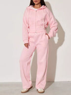 Plush Fashion Hub zip-up hoodie and wide-leg pants loungewear set, soft fabric, casual style, in neutral color with front pockets