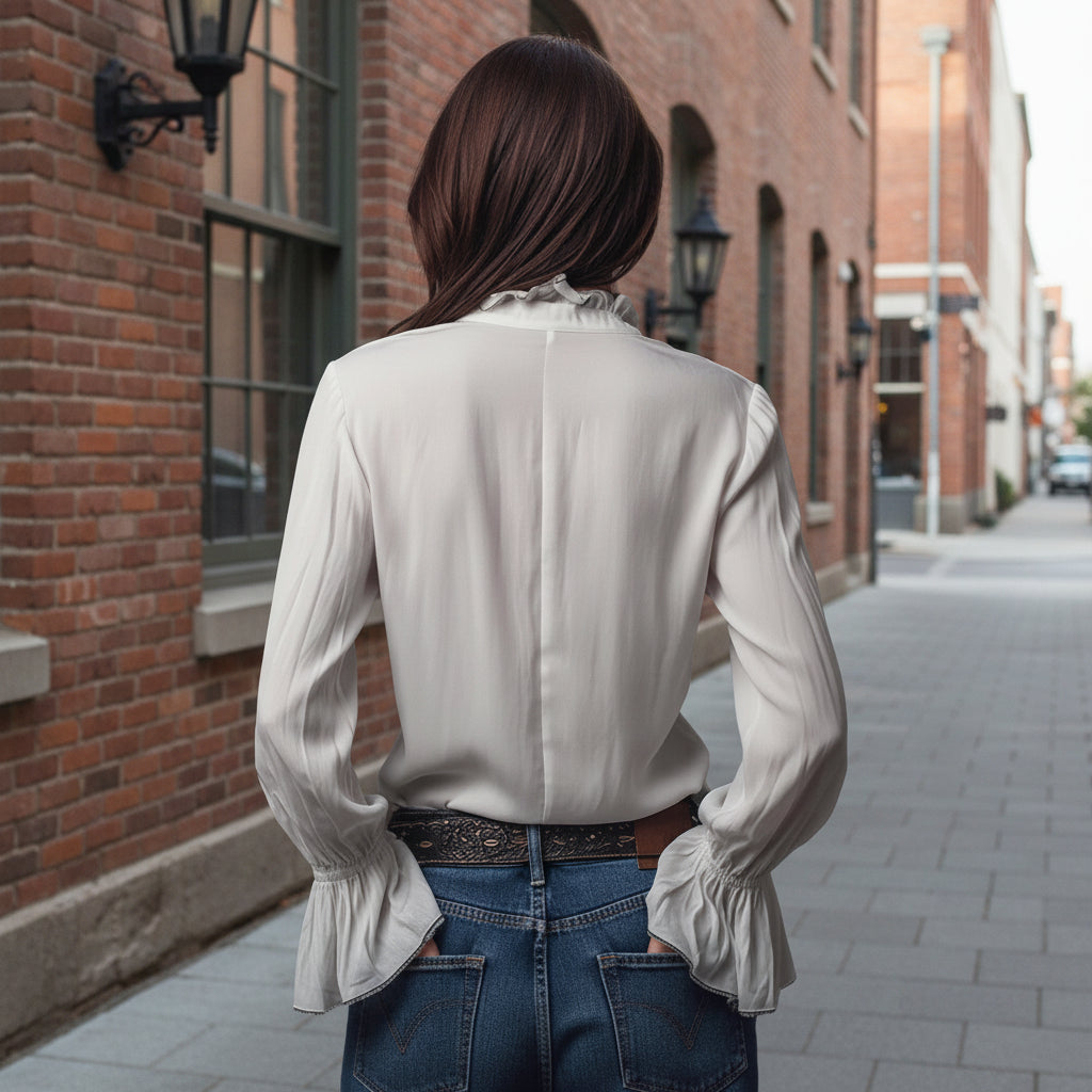 Women's FitiqueFit ruffled sleeve resort shirt, casual long blouse with stretch fabric and stylish design for relaxed wear.
