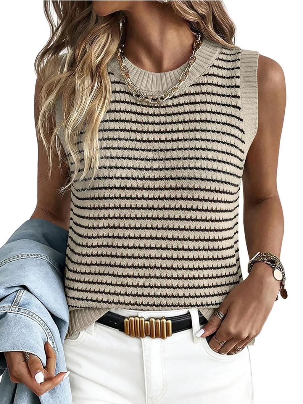 Striped knit sweater vest from Shopimist featuring a classic design and soft fabric, perfect for layered casual outfits.