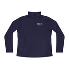 Wear Your Worship Seen. By God. women's lightweight long-sleeve quarter-zip pullover with faith-inspired activewear design.