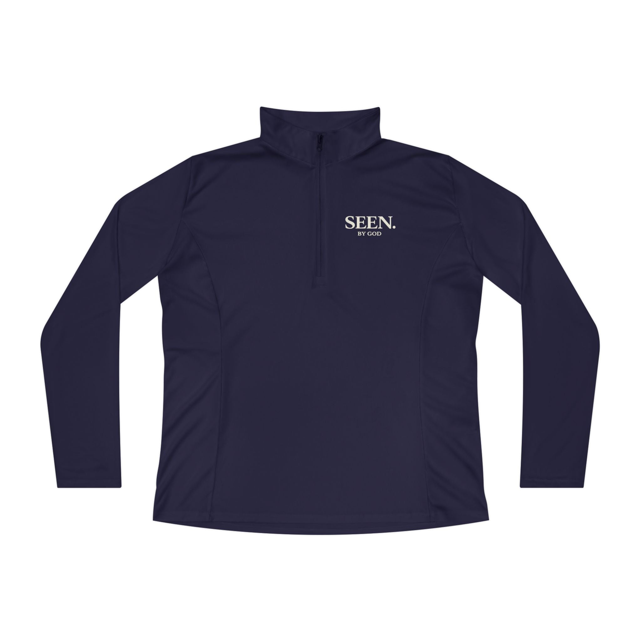 Wear Your Worship Seen. By God. women's lightweight long-sleeve quarter-zip pullover with faith-inspired activewear design.