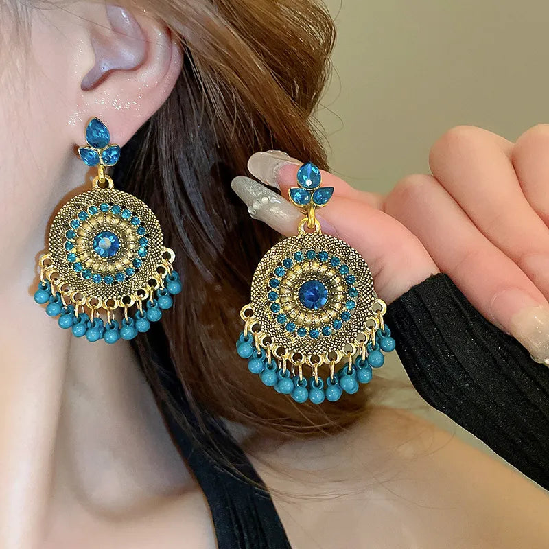 Rhinestone alloy bead dangle earrings with sparkling stones and elegant design, perfect for stylish clothing and fashion accessories.