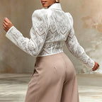 White lace waist cinched bubble sleeve shirt top