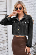 VYSN raw hem denim jacket with front pockets, stylish casual clothing for men and women, featuring a classic blue denim design.