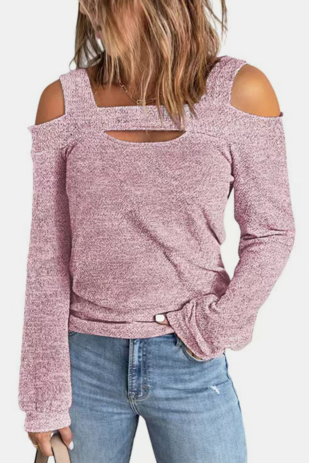 Women's elegant cold shoulder blouse from Trendsi, featuring cutout details and a chic casual polyester top design.