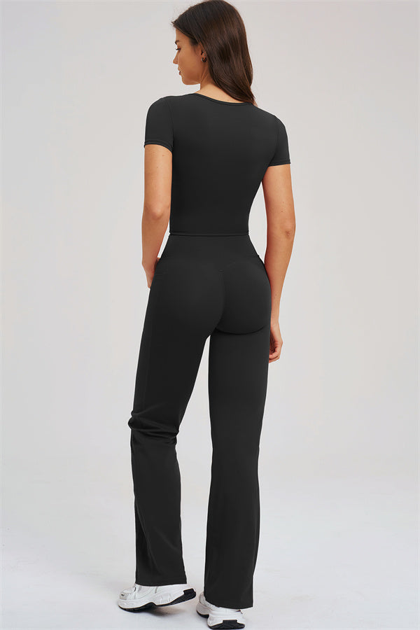 Fitglutes activewear two-piece set featuring a Sizzle T-shirt and flared leggings, perfect for gym and workout sessions.