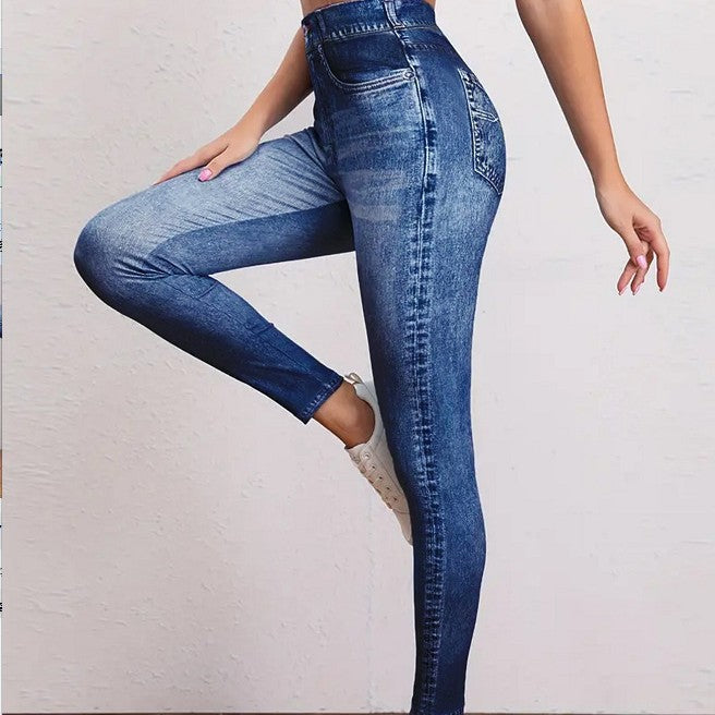 Retro denim-look yoga leggings by Plush Fashion Hub featuring high elasticity and butt-lifting design for fitness and style.
