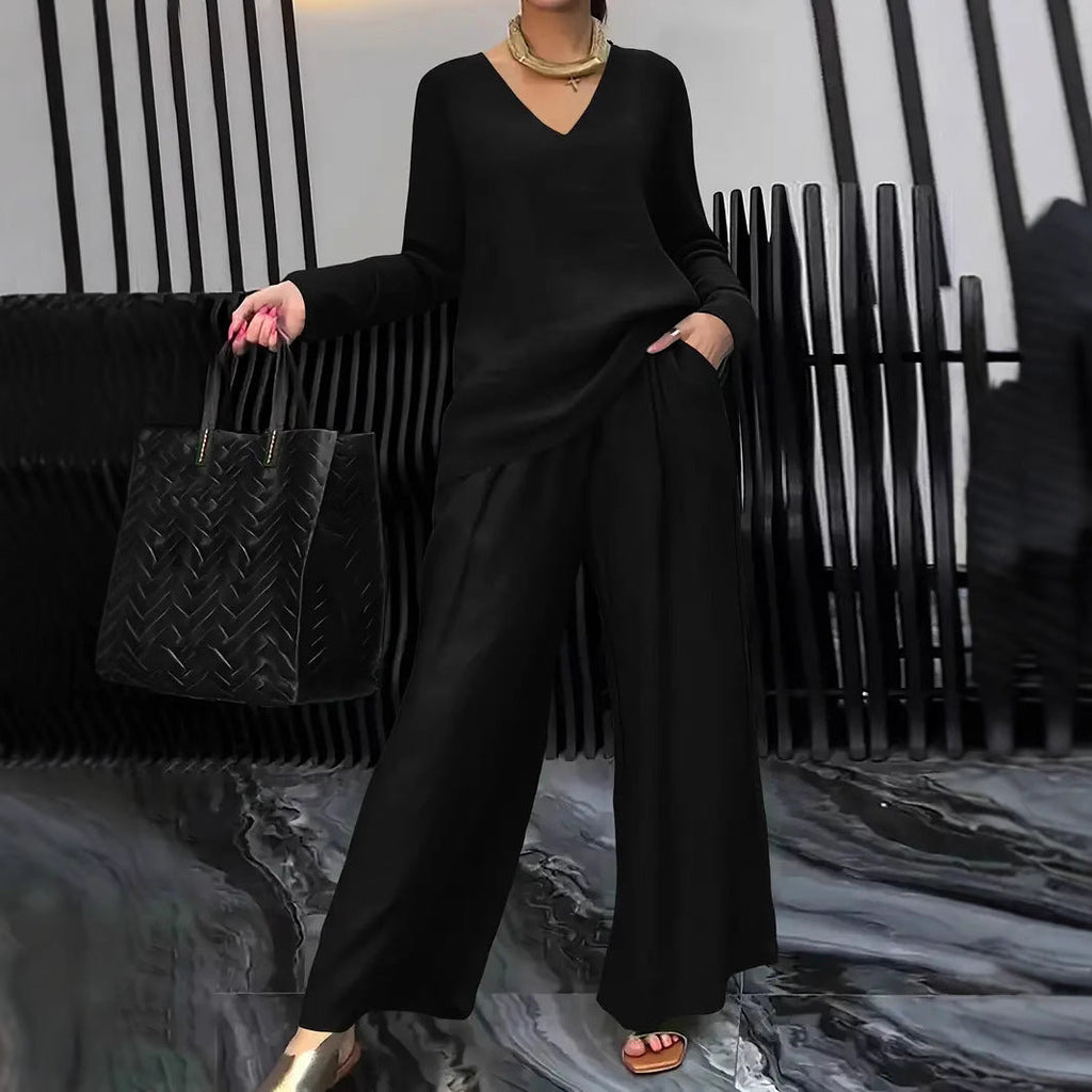 Solid color long sleeve top and pants two-piece travel set by Plush Fashion Hub, casual comfortable loungewear for travel.
