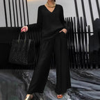 Solid color long sleeve top and pants two-piece travel set by Plush Fashion Hub, casual comfortable loungewear for travel.